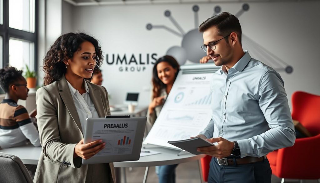 A modern office setting depicting a diverse group of professionals engaged in a strategic planning session for a "portage salarial" business. In the foreground, a confident woman in a tailored blazer is presenting a detailed business plan on a sleek laptop, while a focused man in a crisp shirt takes notes. The middle ground features a whiteboard filled with charts and graphs illustrating financial projections and market analysis. Soft, natural lighting from large windows creates an inviting atmosphere, highlighting the vibrant colors of the office furniture. In the background, the brand name "UMALIS GROUP" is subtly integrated into a wall mural, suggesting a connection to professional growth and innovation. The mood is collaborative and optimistic, emphasizing teamwork and strategic thinking.