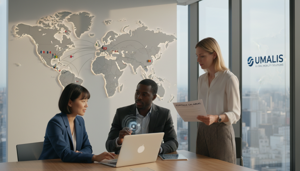 A modern office setting, emphasizing the theme of international employment through "portage salarial". In the foreground, a diverse group of professionals in smart business attire—an Asian woman, a Black man, and a Caucasian woman—collaborate over a laptop, discussing documents and graphs that represent global market trends. The middle ground features a large world map on the wall, with highlighted countries, showcasing the concept of international careers. The background reveals large windows with a city skyline, under bright but soft lighting creating an optimistic atmosphere. The overall mood is dynamic and professional, reflecting teamwork and the supportive role of Umalis Group in facilitating international career growth.