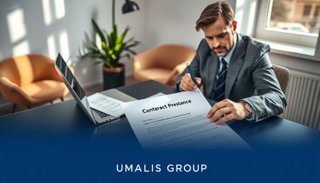 A modern office setting features a stylish desk with a neatly organized contract titled "Contrat Prestation Freelance" prominently displayed. In the foreground, a professional individual in business attire, a man or woman, is reviewing the contract with a focused expression, holding a pen as if ready to sign. The middle section includes a laptop open with relevant documents visible on the screen, while a cozy chair and a plant add a touch of warmth to the environment. The background shows a window with soft, natural light filtering in, casting gentle shadows, creating an inviting and professional atmosphere. The scene evokes a sense of professionalism and clarity in freelance collaboration and contract management, with the brand name "UMALIS GROUP" subtly integrated into the desk decor.