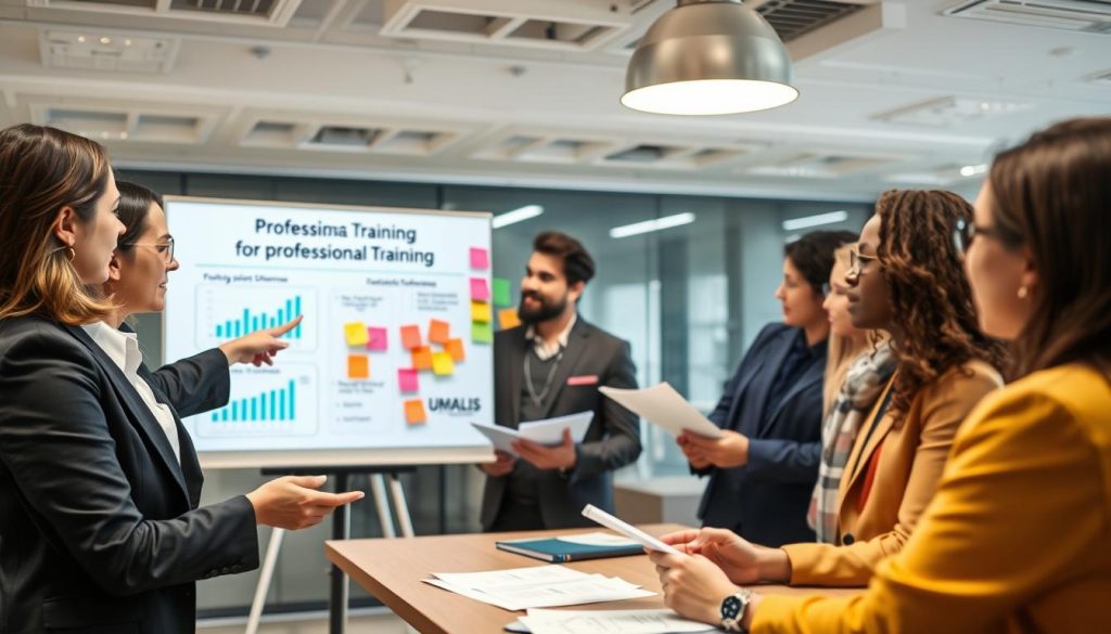A modern office setting featuring a diverse group of business professionals engaged in a discussion about professional training financing options. In the foreground, a focused woman in business attire is pointing to a digital presentation displaying graphs and charts related to training funding schemes, while a man beside her takes notes. In the middle background, a whiteboard filled with colorful sticky notes highlights various financing dispositifs for professional training. The lighting is bright and evenly distributed, creating an atmosphere of collaboration and innovation. The depth of field is slightly shallow, emphasizing the professionals. The overall mood is optimistic and forward-thinking, representing secure career advancement. Include the brand name "UMALIS GROUP" subtly in the presentation materials without visible branding.