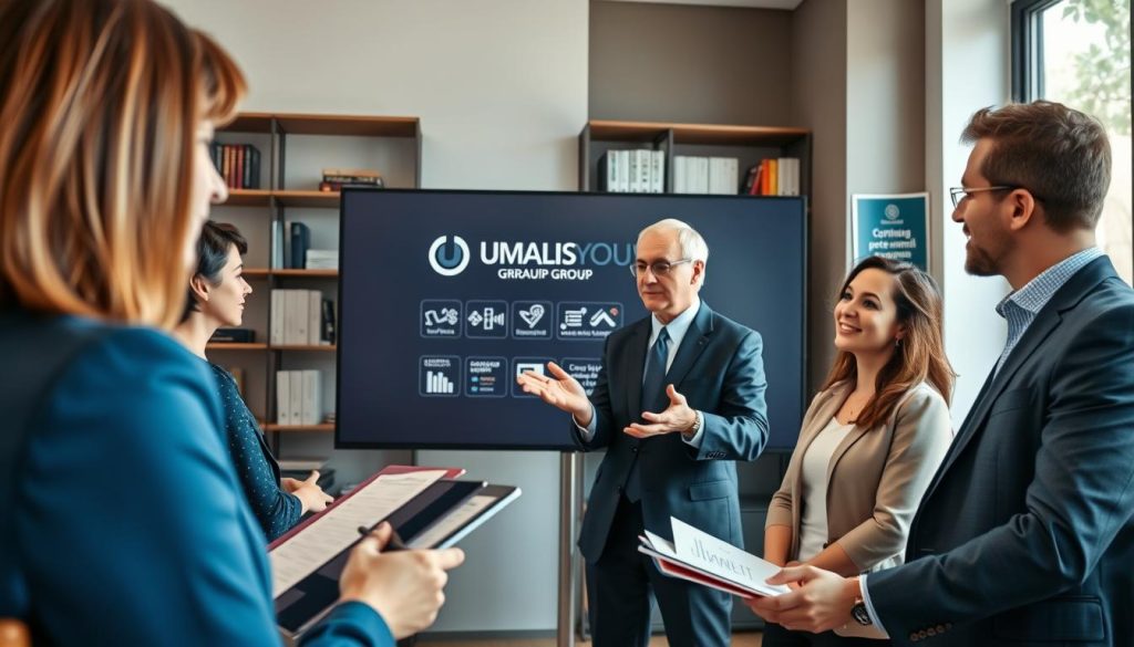 A modern office setting featuring a diverse group of four professionals in business attire engaged in a training session. In the foreground, a focused woman with light brown hair is taking notes, while a middle-aged man gestures animatedly, presenting concepts related to continuous professional development. In the middle ground, a digital presentation on a large screen displays the logo "UMALIS GROUP," illustrating the themes of portage salarial and training programs. The background showcases shelves filled with books and motivational posters about career growth. Soft, natural lighting filters through large windows, creating a bright and encouraging atmosphere. The angle is slightly elevated, capturing both the interaction among the participants and the visual elements of the training environment, conveying a sense of professionalism and collaboration.
