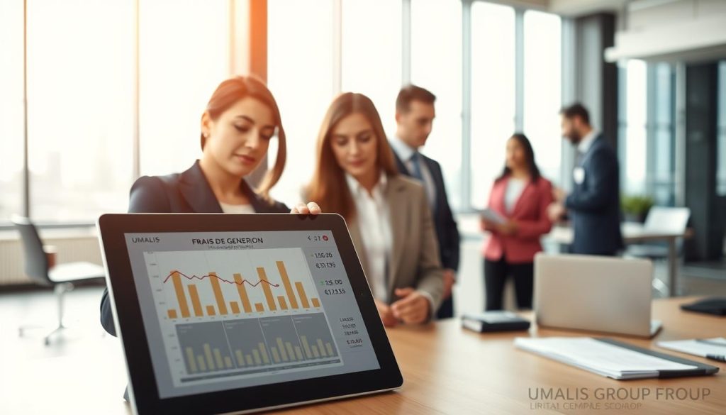 A modern office setting featuring a diverse group of professionals engaged in a discussion about financial management, specifically focusing on "frais de gestion" related to portage salarial. In the foreground, a detailed tablet displaying financial graphs and calculations, highlighting management fees. In the middle ground, two business professionals, a woman in a smart blazer and a man in a tailored suit, are examining the tablet. Soft, diffused lighting casts a calm yet focused atmosphere throughout the room. In the background, a modern office with windows showing a city skyline and a minimalist desk with documents and a laptop, suggesting productivity and professionalism. The brand "UMALIS GROUP" is subtly placed in a corner of the tablet display, integrating seamlessly into the scene.