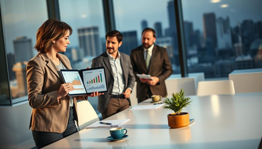 A modern office setting featuring a diverse group of three professionals discussing financial products and savings plans. In the foreground, a middle-aged woman in a smart blazer presents a tablet displaying graphs and data related to savings options. Beside her, a young man in business casual attire takes notes, while an older man in a tailored suit listens attentively, nodding. The middle ground captures a sleek conference table with documents, cups of coffee, and a small plant, adding a touch of warmth. In the background, large windows reveal a city skyline bathed in soft, natural light, creating a productive and collaborative atmosphere. The overall mood is focused and professional, emphasizing teamwork and financial empowerment. A modern office setting featuring a diverse group of three professionals discussing financial products and savings plans. In the foreground, a middle-aged woman in a smart blazer presents a tablet displaying graphs and data related to savings options. Beside her, a young man in business casual attire takes notes, while an older man in a tailored suit listens attentively, nodding. The middle ground captures a sleek conference table with documents, cups of coffee, and a small plant, adding a touch of warmth. In the background, large windows reveal a city skyline bathed in soft, natural light, creating a productive and collaborative atmosphere. The overall mood is focused and professional, emphasizing teamwork and financial empowerment.