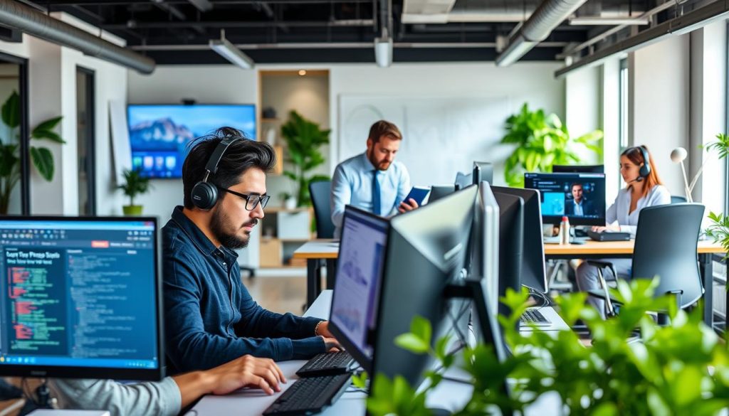 A modern office setting featuring a diverse team of IT professionals from the Umalis Group, engaged in various computer-related tasks. The foreground showcases a programmer immersed in coding, surrounded by screens and devices. In the middle ground, a business analyst reviews data analytics, while a technical support specialist assists a client via video call. The background depicts a collaborative workspace with whiteboards, ergonomic furniture, and natural lighting, conveying the flexibility and adaptability of the IT contracting industry. The scene captures the essence of the "Métiers informatiques adaptés au portage salarial" section, highlighting the diverse skill sets and work environments suited for IT professionals in the Umalis Group's contracting solutions. A modern office setting featuring a diverse team of IT professionals from the Umalis Group, engaged in various computer-related tasks. The foreground showcases a programmer immersed in coding, surrounded by screens and devices. In the middle ground, a business analyst reviews data analytics, while a technical support specialist assists a client via video call. The background depicts a collaborative workspace with whiteboards, ergonomic furniture, and natural lighting, conveying the flexibility and adaptability of the IT contracting industry. The scene captures the essence of the "Métiers informatiques adaptés au portage salarial" section, highlighting the diverse skill sets and work environments suited for IT professionals in the Umalis Group's contracting solutions.