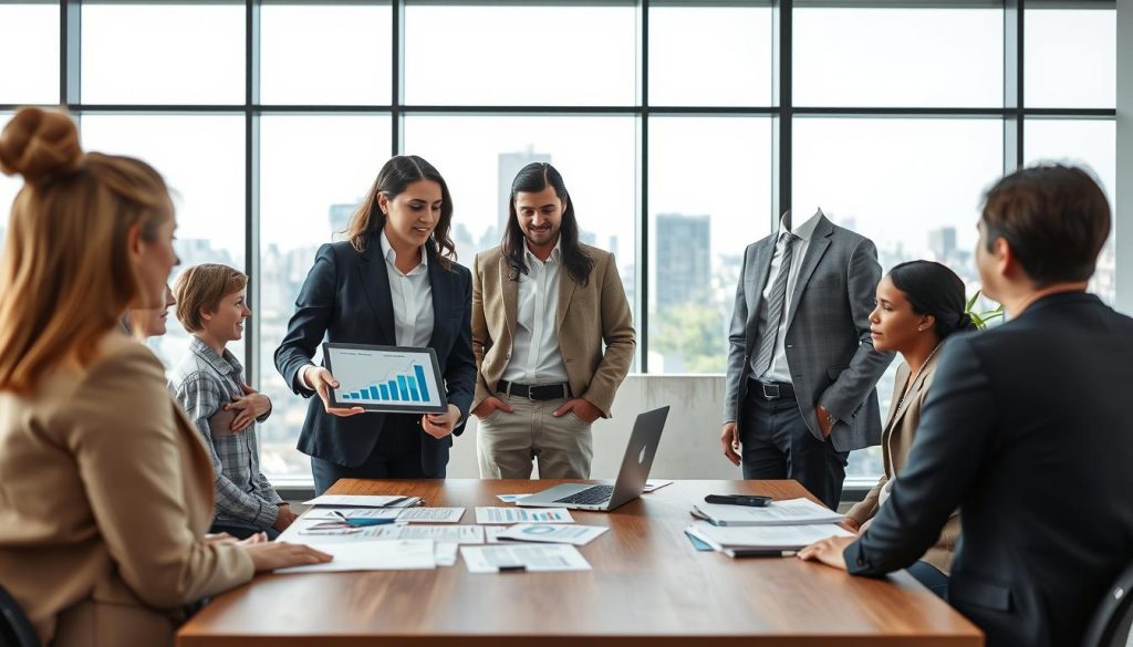 A modern office setting featuring a group of diverse professionals engaged in a discussion about choosing a salary portage company. In the foreground, a confident businesswoman in a tailored suit is pointing to a chart on a digital tablet, while a man in smart casual attire observes intently. In the middle, a large table is covered with documents and a laptop, symbolizing decision-making criteria. The background displays large windows with city views, allowing natural light to illuminate the room, creating an optimistic and focused atmosphere. The overall mood should convey professionalism, collaboration, and clarity, emphasizing the importance of thoughtful decision-making in professional settings. The scene is shot from a slightly elevated angle, giving a clear view of both the participants and their collaborative environment. A modern office setting featuring a group of diverse professionals engaged in a discussion about choosing a salary portage company. In the foreground, a confident businesswoman in a tailored suit is pointing to a chart on a digital tablet, while a man in smart casual attire observes intently. In the middle, a large table is covered with documents and a laptop, symbolizing decision-making criteria. The background displays large windows with city views, allowing natural light to illuminate the room, creating an optimistic and focused atmosphere. The overall mood should convey professionalism, collaboration, and clarity, emphasizing the importance of thoughtful decision-making in professional settings. The scene is shot from a slightly elevated angle, giving a clear view of both the participants and their collaborative environment.