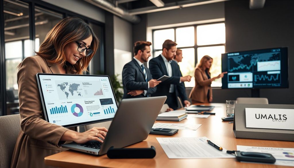 A modern office setting featuring a group of diverse professionals engaged in analysis and discussion around client tools and resources. In the foreground, a well-dressed woman examines a laptop screen displaying various client analysis tools, with charts and graphs visible. Next to her, a man in a professional suit takes notes on a tablet, while a third colleague points to data on a large monitor. The middle ground shows a conference table filled with documents and modern gadgets labeled "UMALIS GROUP". The background includes a large window with natural light pouring in, casting soft shadows. The atmosphere is focused and collaborative, emphasizing professional development and strategic decision-making. Capture this scene with a wide-angle lens to enhance depth and clarity, and use soft, warm lighting to promote a welcoming feel.