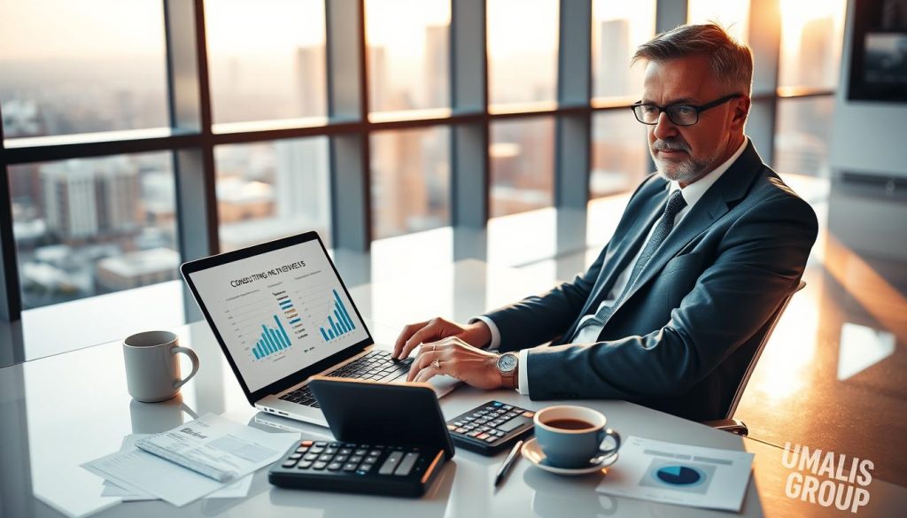 A modern office setting featuring a professional consultant, a middle-aged male wearing a smart suit, seated at a sleek desk with a laptop open, showcasing financial calculations and graphs related to consulting revenue. On the desk, there are financial documents with clear projections, a calculator, and a cup of coffee. In the background, large windows let in natural light, illuminating the space and providing a view of a city skyline. The atmosphere is focused and motivating, with warm lighting creating a welcoming environment. The brand name "UMALIS GROUP" is subtly integrated into the design of the office space, perhaps on a wall art or a planner on the desk, without being the focal point. The image captures the essence of financial planning and consultancy in a professional manner.