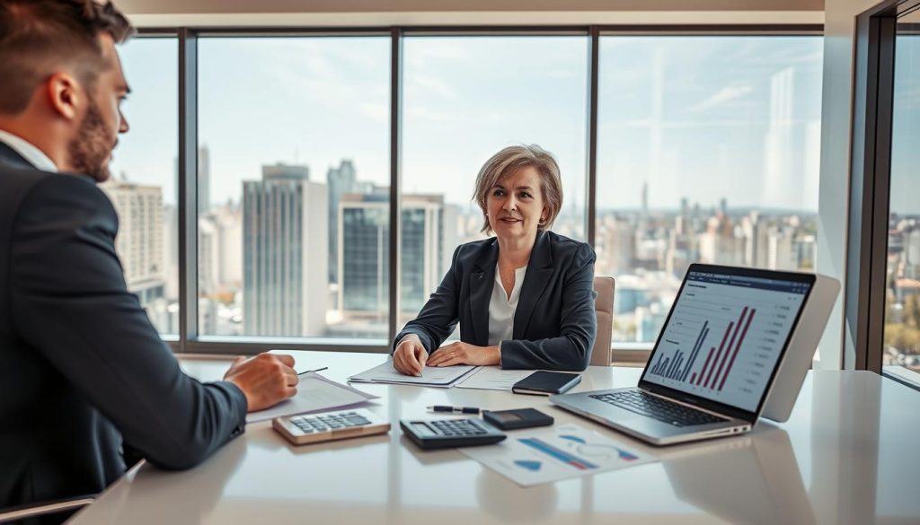 A modern office setting featuring a professional consultant in business attire, seated at a sleek desk filled with financial documents, calculators, and a laptop displaying graphs and charts related to tax optimization. The consultant, a middle-aged woman with short hair, appears focused while discussing strategies with her client, a young man dressed in a smart casual outfit. In the background, large windows reveal a cityscape under bright daylight, providing a sense of openness and opportunity. Soft natural lighting enhances the scene, highlighting the consultant’s confident expression. The atmosphere feels productive and collaborative, reflecting a sense of professionalism and strategic planning in the realm of fiscal optimization and social benefits. A modern office setting featuring a professional consultant in business attire, seated at a sleek desk filled with financial documents, calculators, and a laptop displaying graphs and charts related to tax optimization. The consultant, a middle-aged woman with short hair, appears focused while discussing strategies with her client, a young man dressed in a smart casual outfit. In the background, large windows reveal a cityscape under bright daylight, providing a sense of openness and opportunity. Soft natural lighting enhances the scene, highlighting the consultant’s confident expression. The atmosphere feels productive and collaborative, reflecting a sense of professionalism and strategic planning in the realm of fiscal optimization and social benefits.