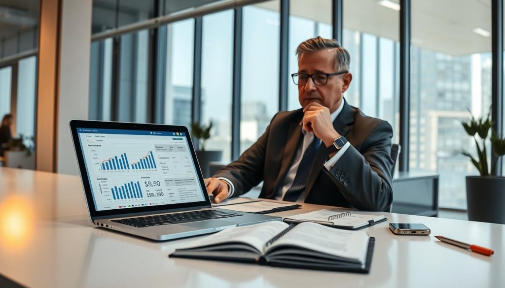 A modern office setting featuring a professional consultant working diligently at a sleek desk, surrounded by financial documents and digital devices. In the foreground, focus on an open laptop displaying charts and graphs related to income tracking and tax calculations. The middle ground includes a notepad filled with organized notes and a smartphone displaying a financial management app. The background shows a large window with natural light, casting a warm glow on the scene, enhancing a sense of productivity and focus. The consultant, a middle-aged individual in professional business attire, displays a thoughtful expression as they review their income and social protection details. The atmosphere is calm and focused, reflecting a meticulous approach to managing earnings, aligned with Umalis Group's expertise in payroll solutions.