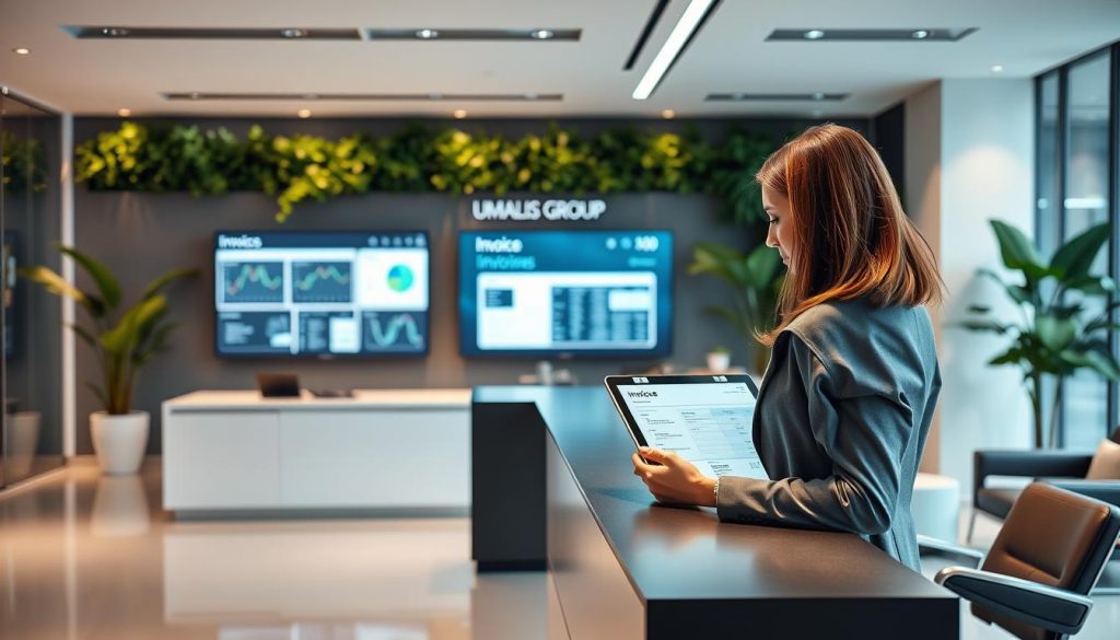A modern office setting featuring a sleek reception area for electronic invoices, designed for a company named "UMALIS GROUP". In the foreground, a professional woman in business attire stands at a reception desk, engaging with a digital platform displaying invoices on a tablet. The middle ground shows sophisticated technology, with screens outlining data analytics and customer information, bathed in soft, ambient lighting. The background reveals a clean, contemporary office space, with lush greenery and minimalistic furniture, promoting a calm and efficient atmosphere. Capture the image with a slightly elevated angle, focusing on the interaction between the receptionist and the digital interface, evoking a sense of innovation and professionalism in the realm of electronic billing.
