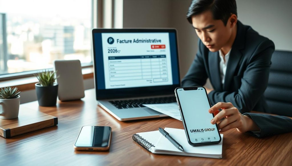 A modern office setting, featuring a sleek wooden desk with a laptop displaying a digital invoice titled "Facture Administrative." In the foreground, a professional-looking individual of Asian descent, wearing business attire, is intently reviewing documents. The middle layer includes a smartphone with the UMALIS GROUP app open, alongside a stylish notepad, and a cup of coffee. The background shows a bright window with a view of a cityscape, creating a productive atmosphere. Soft, natural lighting streams in, providing balance and warmth to the scene. The overall mood is focused and professional, emphasizing the process of preparing an administrative invoice for a public client in 2026, reflecting clarity and organization.