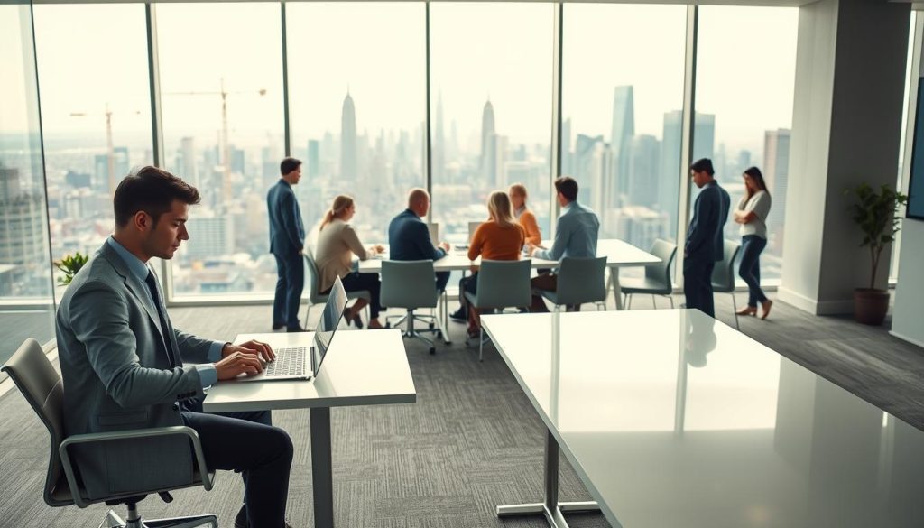 A modern office setting, featuring a well-lit and spacious workspace. In the foreground, a professional-looking individual sits at a sleek, minimalist desk, working intently on a laptop. The middle ground showcases a diverse group of individuals, some in formal attire, others in more casual wear, engaged in collaborative discussions around a large conference table. The background reveals a panoramic view of a bustling city skyline, with skyscrapers and cranes visible through floor-to-ceiling windows, conveying a sense of a dynamic, urban environment. The overall atmosphere is one of productivity, flexibility, and a blending of traditional and innovative work practices.