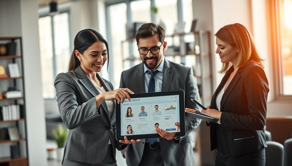 A modern office setting featuring three diverse professionals engaging in discussion around a digital tablet displaying customer profiles. In the foreground, a confident woman in a tailored business suit points to the screen, emphasizing key data. In the middle, a man in glasses leans forward, listening attentively, while another woman, dressed in elegant business attire, takes notes. The background shows soft-focus shelving with business books and awards, bathed in warm, diffused light from large windows, creating an inviting atmosphere. The composition should convey collaboration and insightfulness, with an optimistic mood. The image subtly includes branding elements of "UMALIS GROUP" on the tablet screen, reflecting a professional environment that focuses on defining ideal client profiles for successful partnerships.