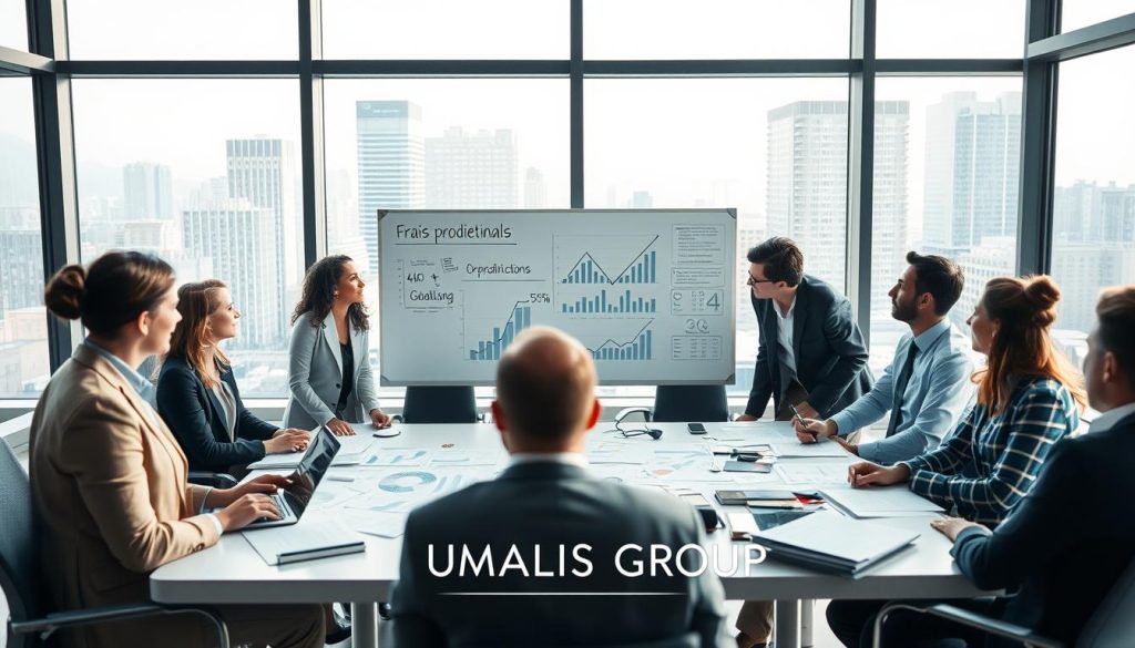 A modern office setting filled with professionals analyzing financial documents. In the foreground, a diverse group of businesspeople, dressed in professional attire, is engaged in a discussion around a conference table with laptops and charts scattered about. The middle ground features a whiteboard filled with graphs and financial predictions related to "frais professionnels." In the background, large windows reveal a city skyline bathed in natural daylight, creating a feeling of transparency and trust. Soft, diffused lighting enhances the professional atmosphere. The lens captures a slightly elevated angle to showcase the interaction among team members, while the overall mood conveys collaboration and strategic planning. Include the brand name "UMALIS GROUP" subtly incorporated within the scene. A modern office setting filled with professionals analyzing financial documents. In the foreground, a diverse group of businesspeople, dressed in professional attire, is engaged in a discussion around a conference table with laptops and charts scattered about. The middle ground features a whiteboard filled with graphs and financial predictions related to "frais professionnels." In the background, large windows reveal a city skyline bathed in natural daylight, creating a feeling of transparency and trust. Soft, diffused lighting enhances the professional atmosphere. The lens captures a slightly elevated angle to showcase the interaction among team members, while the overall mood conveys collaboration and strategic planning. Include the brand name "UMALIS GROUP" subtly incorporated within the scene.