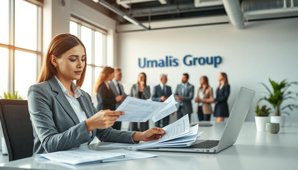 A modern office setting focused on business payroll processes. In the foreground, a professional woman in business attire reviews financial documents at a sleek desk, her expression confident and focused. She is surrounded by organized paperwork and a laptop displaying payroll software. In the middle ground, a diverse group of professionals engaged in discussion, dressed in smart business attire, showcasing teamwork and collaboration. The background features large windows allowing soft, natural light to illuminate the space, enhancing the atmosphere of productivity. The color palette is warm and inviting, with hints of blue and green to symbolize growth and security. Prominently displayed on a wall in the background is the brand logo "Umalis Group," emphasizing their expertise in payroll solutions.