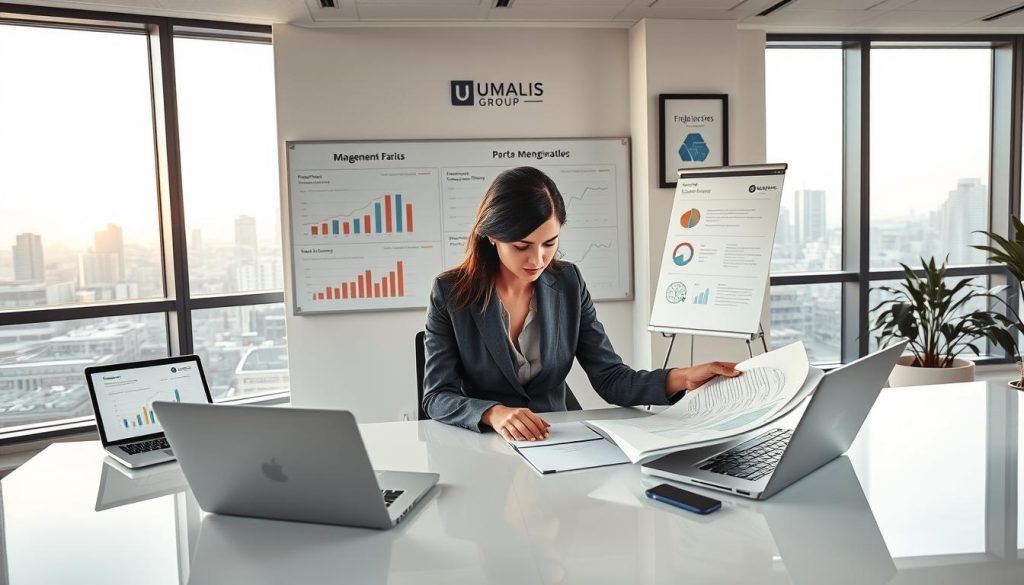 A modern office setting focused on "frais gestion" relevant to freelancing. In the foreground, a well-dressed professional woman, in a tailored suit, is reviewing financial documents on a sleek desk, surrounded by laptops and charts showcasing management fees and income calculations. In the middle ground, a large whiteboard displays colorful graphs illustrating cost optimization strategies. The background features an urban skyline through a large window, with soft morning light illuminating the scene. The atmosphere is one of focus and professionalism, conveying a sense of financial clarity and control. Include elements branding "UMALIS GROUP" subtly integrated into the office decor, such as a framed logo on the wall.