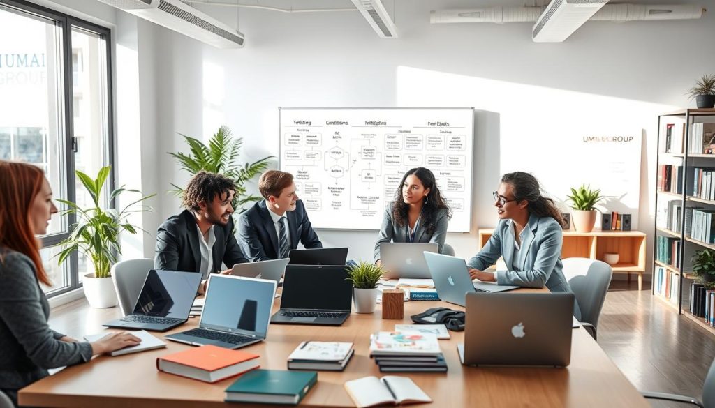 A modern office setting focused on professional development in artificial intelligence. In the foreground, a diverse group of four professionals, dressed in business attire, engage in a discussion around a large table filled with laptops, books on AI, and certification materials. The middle ground features a whiteboard with diagrams and flowcharts illustrating various AI concepts and training pathways. The background shows a well-lit room with large windows allowing natural light to flood in, plants for a touch of greenery, and a bookshelf filled with advanced technology books. The atmosphere is collaborative and inspiring, reflecting the essence of choosing suitable AI training for career growth. Incorporate the brand name "UMALIS GROUP" subtly into the decor, perhaps on a poster on the wall.