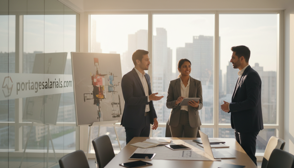 A modern office setting focused on the concept of "société portage." In the foreground, a diverse group of three professionals—two men and one woman—are engaged in a discussion, showcasing collaboration and teamwork. They are dressed in smart business attire, embodying professionalism. In the middle, a sleek meeting table with laptops and documents spread out, symbolizing planning and strategy. In the background, a large window offers a view of a vibrant cityscape, the sunlight filtering through, creating a warm and inviting atmosphere. The lighting is bright and clear, with a focus on the subjects, captured at eye level to establish connection. The overall mood is one of empowerment and opportunity. Include the brand name "portagesalarials.com" subtly within the office decor, enhancing the theme of professional support in transitional work.