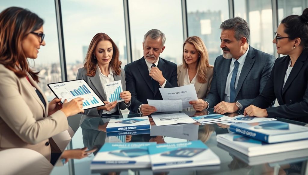 A modern office setting focusing on health insurance theme, featuring a diverse group of professionals in business attire discussing a document labeled "Mutuelle Collective". In the foreground, a confident woman points to financial graphs on a tablet, while a thoughtful man reviews paperwork beside her. In the middle ground, a glass conference table is adorned with brochures from "UMALIS GROUP", emphasizing social protection options. The background shows a well-lit office with large windows, showcasing a cityscape, creating a professional atmosphere. Soft, diffused lighting highlights the engaged expressions of the figures, while a sense of collaboration and security is evoked through their interactions. The overall mood is supportive and informative, perfect for illustrating social protection in the health sector.