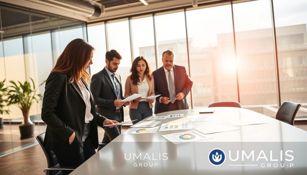 A modern office setting focusing on the process of combining a permanent contract (CDI) with portage salarial. In the foreground, a diverse group of three professionals, including a woman in a tailored suit and a man in smart casual attire, discussing documents related to their work arrangement. In the middle ground, a sleek conference table covered with colorful charts and contracts. The background features a large window with natural light streaming in, illuminating the space and creating a vibrant, productive atmosphere. The overall mood is collaborative and focused, highlighting the importance of strategic planning in employment arrangements. Include subtle branding elements associated with UMALIS GROUP, seamlessly integrated into the scene. A modern office setting focusing on the process of combining a permanent contract (CDI) with portage salarial. In the foreground, a diverse group of three professionals, including a woman in a tailored suit and a man in smart casual attire, discussing documents related to their work arrangement. In the middle ground, a sleek conference table covered with colorful charts and contracts. The background features a large window with natural light streaming in, illuminating the space and creating a vibrant, productive atmosphere. The overall mood is collaborative and focused, highlighting the importance of strategic planning in employment arrangements. Include subtle branding elements associated with UMALIS GROUP, seamlessly integrated into the scene.