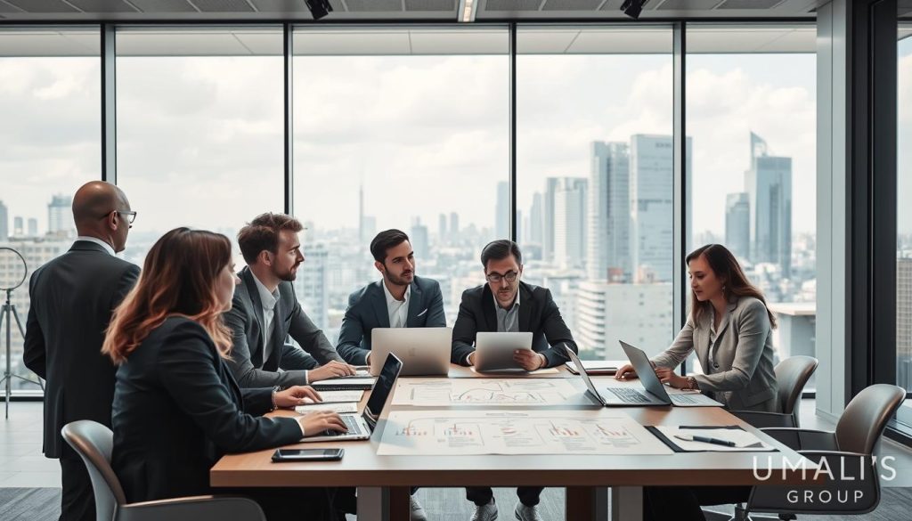 A modern office setting highlighting "Cadrage d’un audit des usages et des processus métier" with a focus on professional collaboration. In the foreground, a diverse group of business professionals, dressed in smart attire, engage in discussion around a large table with laptops and documents. In the middle, visible processes and workflows depicted as flowcharts on paper and digital displays. The background features a sleek glass wall overlooking a cityscape, with natural light streaming in, creating an inspiring atmosphere. Use a wide-angle lens to capture the teamwork dynamic. The mood should be productive and focused, representing innovation in business practices. Include subtle branding elements of "UMALIS GROUP" throughout the workspace for contextual relevance.