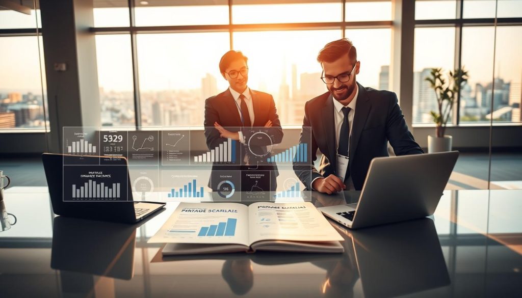 A modern office setting highlighting the concept of "portage salarial" in France. In the foreground, a confident professional man and woman in smart business attire are engaging in a discussion with a document and a laptop open in front of them, symbolizing collaboration and security in career choices. The middle ground features an array of infographics related to financial growth and career development. In the background, large windows reveal a bright city skyline, suggesting opportunities and a positive outlook for the future. The lighting is warm and inviting, casting gentle reflections on the surfaces, creating a hopeful and optimistic atmosphere. The scene is dynamic, illustrating the advantages of portage salarial for career security without text or any distractions.