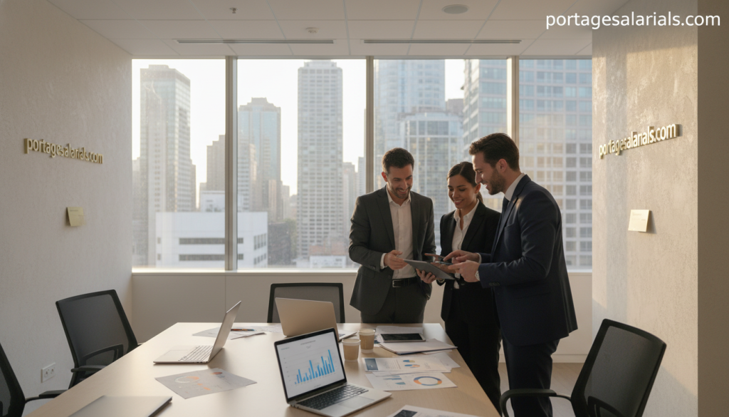 A modern office setting illustrates the concept of "société portage." In the foreground, a diverse group of three professionals—two men and one woman—are engaged in a discussion, all dressed in smart business attire. The middle layer features a large conference table with documents, laptops, and a tablet showing graphs related to professional efficiency. In the background, large windows let in natural light, revealing a city skyline. The atmosphere is collaborative and focused, emphasizing productivity and success. Soft, warm lighting creates an inviting ambiance. The image subtly incorporates the brand name "portagesalarials.com" through elegant decor on the walls.
