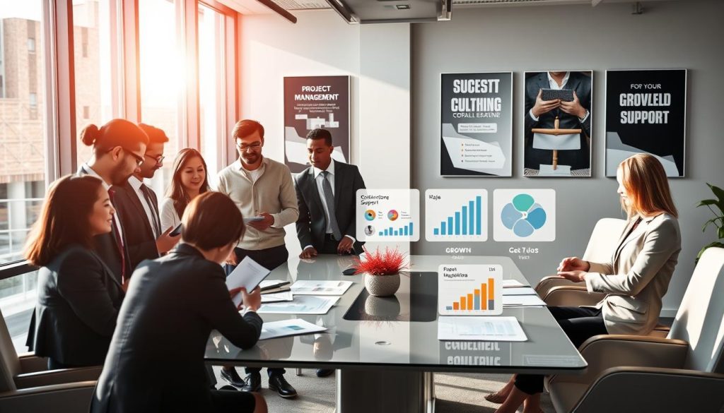 A modern office setting illustrates the essential services offered by Portage Salarial companies like Umalis Group. In the foreground, a diverse group of professionals in business attire engages in a lively discussion over documents and digital devices, showcasing teamwork and collaboration. In the middle ground, an elegant conference table is surrounded by charts and graphs highlighting financial services, project management, and compliance support. Bright, natural lighting filters through large windows, creating an inviting atmosphere. The background features a sleek office environment with motivational posters about professionalism and growth visible on the walls. The overall mood is one of productivity, professionalism, and innovation, emphasizing the comprehensive support offered by Portage Salarial services.