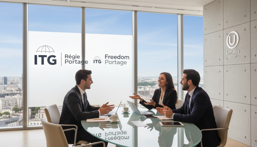 A modern office setting illustrating leading players in the field of consulting and freelance employment: ITG, Régie Portage, and Freedom Portage. In the foreground, a diverse group of professionals dressed in polished business attire—two men and a woman—are engaged in a discussion around a sleek conference table, showcasing collaboration and networking. In the middle ground, large windows reveal a cityscape with a clear blue sky, while showcasing subtle branding elements like the Umalis Group logo on a wall. Soft, natural lighting enhances the professional vibe, with a slightly blurred background to focus on the main subjects. The overall atmosphere is one of professionalism, innovation, and entrepreneurial spirit, perfect for illustrating the essence of leading umbrella companies in the freelance economy.