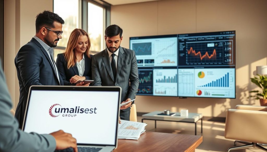 A modern office setting illustrating methods of forecasting charges in salary portage. In the foreground, a diverse group of three professionals—two men and one woman—are engaged in a discussion over documents and a laptop, all dressed in smart business attire. The middle layer features a large digital screen displaying complex charts and graphs related to charge forecasts and financial analytics, showcasing data trends. In the background, sleek office furniture and neutral-toned walls create a professional atmosphere, with warm, natural lighting filtering through large windows, casting soft shadows. The mood is collaborative and focused, emphasizing strategic planning and professionalism. Include Umalis Group branding subtly on the laptop's screen or document. A modern office setting illustrating methods of forecasting charges in salary portage. In the foreground, a diverse group of three professionals—two men and one woman—are engaged in a discussion over documents and a laptop, all dressed in smart business attire. The middle layer features a large digital screen displaying complex charts and graphs related to charge forecasts and financial analytics, showcasing data trends. In the background, sleek office furniture and neutral-toned walls create a professional atmosphere, with warm, natural lighting filtering through large windows, casting soft shadows. The mood is collaborative and focused, emphasizing strategic planning and professionalism. Include Umalis Group branding subtly on the laptop's screen or document.