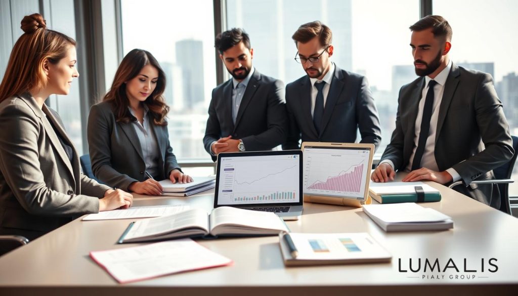 A modern office setting illustrating "obligations légales portage salarial". In the foreground, a diverse group of three professionals in business attire—one woman in a smart blazer and two men in tailored suits—are engaged in a discussion over legal documents and a laptop. The middle ground features a sleek conference table with legal books and a laptop displaying graphs related to salary portage. In the background, a large window allows natural light to flood the room, revealing a cityscape. The atmosphere is serious yet collaborative, conveying a sense of professionalism and trust. Soft lighting enhances the ambiance, focusing on the group's expressions of diligence and commitment. Incorporate subtle branding elements related to "UMALIS GROUP" to reflect the context of salary portage.