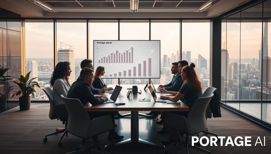A modern office setting illustrating the advantages of portage salarial. In the foreground, a diverse group of professionals in smart business attire collaborate around a sleek conference table, engaging with laptops and documents. In the middle ground, a large screen displays positive growth charts and graphs, symbolizing opportunity and success in the freelance economy. The background features large windows with a panoramic view of a vibrant cityscape, bathed in natural light, creating a productive and optimistic atmosphere. Soft, warm lighting enhances the professionalism of the scene. At the bottom right corner, subtly include the brand name "PORTAGE AI" as part of the office decor, ensuring it blends seamlessly into the environment. The overall mood should convey empowerment, innovation, and the potential of flexible work solutions.