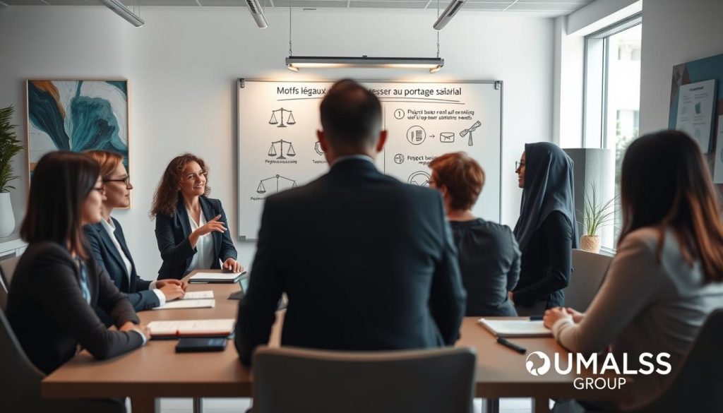 A modern office setting illustrating the concept of "Motifs légaux du recours au portage salarial". In the foreground, a diverse group of four professionals in business attire engaged in a discussion around a conference table, emphasizing collaboration. In the middle ground, a large whiteboard filled with diagrams and legal icons representing the two situations that authorize the use of portage salarial, like project-based work and temporary staffing needs. The background shows a bright, well-lit office with large windows letting in natural light, and abstract artwork on the walls to create a dynamic atmosphere. The mood is professional and informative. Include subtle branding elements of "UMALIS GROUP" in the decor, ensuring they do not dominate the scene. Use a wide-angle lens for depth.