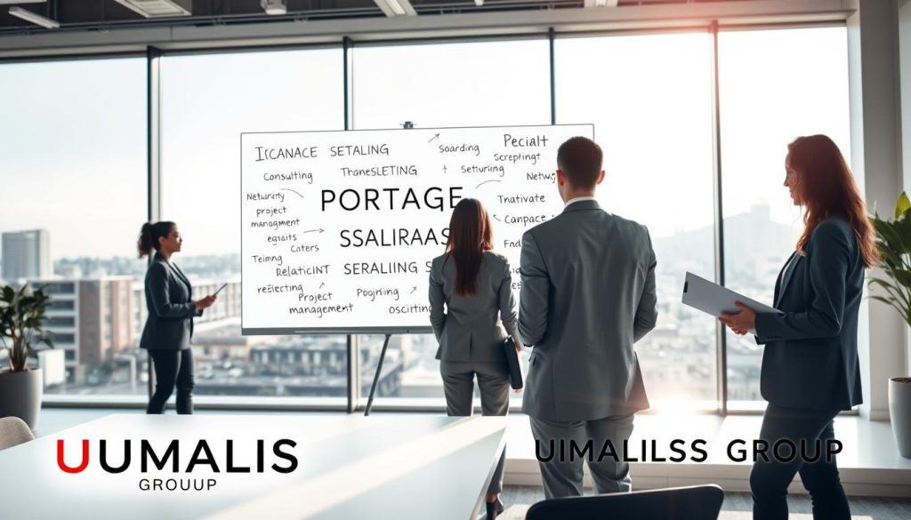 A modern office setting illustrating the concept of "portage salarial" with a focus on required skills. In the foreground, a diverse group of three professionals in business attire—two women and one man—are engaged in a brainstorming session, highlighting collaboration and expertise. The middle ground features a large whiteboard filled with key terms like "consulting," "networking," and "project management," symbolizing essential competencies. In the background, large windows reveal a city skyline, with bright, natural light streaming in, creating an inspiring and energetic atmosphere. The overall mood is one of professionalism and ambition, embodying the theme of building a solid professional foundation. Incorporate the logo of UMALIS GROUP subtly in the design, ensuring no text overlays disrupt the image. A modern office setting illustrating the concept of "portage salarial" with a focus on required skills. In the foreground, a diverse group of three professionals in business attire—two women and one man—are engaged in a brainstorming session, highlighting collaboration and expertise. The middle ground features a large whiteboard filled with key terms like "consulting," "networking," and "project management," symbolizing essential competencies. In the background, large windows reveal a city skyline, with bright, natural light streaming in, creating an inspiring and energetic atmosphere. The overall mood is one of professionalism and ambition, embodying the theme of building a solid professional foundation. Incorporate the logo of UMALIS GROUP subtly in the design, ensuring no text overlays disrupt the image.