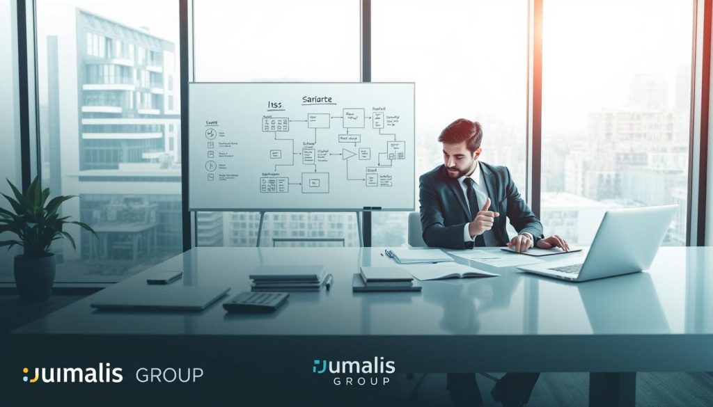 A modern office setting illustrating the concept of "portage salarial," with a professional businessperson in a tailored suit, working on a laptop at a sleek desk. In the foreground, the individual is engaged in a discussion, possibly with a calculator and financial documents spread out, conveying the theme of salary calculation. In the middle, a whiteboard displays sketches of salary structures and flowcharts, symbolizing the complexity of portage salarial. The background features large windows with natural light streaming in, creating a bright, hopeful atmosphere. The overall mood is focused yet optimistic, emphasizing professionalism and clarity in business operations. Subtle branding elements of "Umalis Group" are incorporated into the environment, reinforcing the theme without disrupting the scene's professional tone.