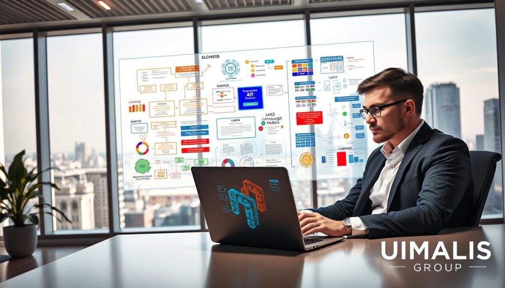A modern office setting illustrating the concepts of Large Language Models (LLMs), digital tools, and consulting. In the foreground, a professional consultant wearing business attire is seated at a sleek desk, engaging with a laptop displaying complex data visualizations. The middle ground features an interactive digital whiteboard filled with colorful diagrams and flowcharts related to AI and generative models. In the background, large windows reveal a cityscape, providing a bright and inspiring view. Soft, natural lighting brightens the scene, creating a focused atmosphere. A logo for "UMALIS GROUP" is subtly integrated into the office decor. The mood is one of innovation and professionalism, highlighting the integration of AI tools in consulting. A modern office setting illustrating the concepts of Large Language Models (LLMs), digital tools, and consulting. In the foreground, a professional consultant wearing business attire is seated at a sleek desk, engaging with a laptop displaying complex data visualizations. The middle ground features an interactive digital whiteboard filled with colorful diagrams and flowcharts related to AI and generative models. In the background, large windows reveal a cityscape, providing a bright and inspiring view. Soft, natural lighting brightens the scene, creating a focused atmosphere. A logo for "UMALIS GROUP" is subtly integrated into the office decor. The mood is one of innovation and professionalism, highlighting the integration of AI tools in consulting.