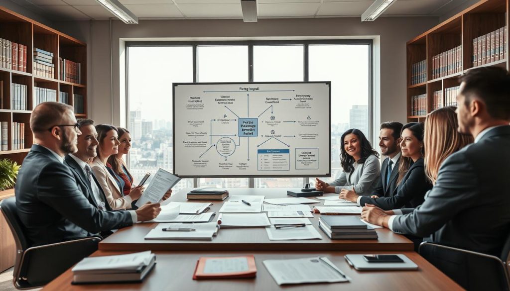 A modern office setting illustrating the legal framework of "portage salarial." The foreground features a diverse group of professionals in stylish business attire, engaged in a discussion around a table filled with legal documents and contracts. In the middle, a large whiteboard displays flowcharts and diagrams related to tax benefits and legal obligations. The background depicts shelves with legal books and a window showing a city skyline, indicating a bustling business environment. Soft, natural lighting filters through the window, creating a focused and collaborative atmosphere. The camera angle is slightly elevated, capturing both the professionals and the detailed workspace, conveying a serious yet optimistic mood about the subject of legal and fiscal implications.