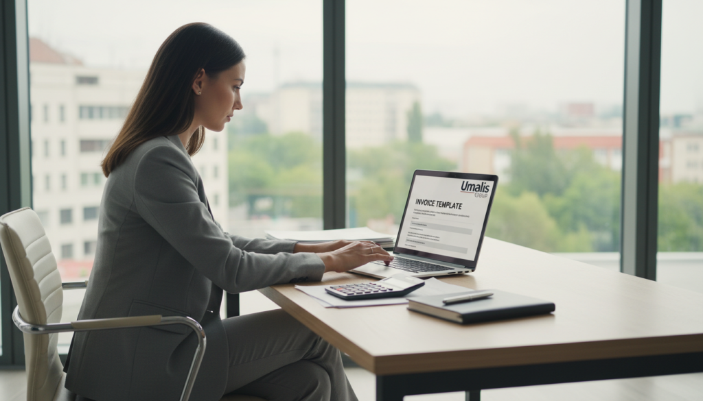 A modern office setting illustrating the process of invoicing for outsourced work. In the foreground, a professional woman in smart business attire, focused on her laptop, reviews a document titled 'Invoice Template'. To her side, a stack of organized papers and a calculator. In the middle ground, a stylish desk with a neatly arranged workspace, featuring a notepad and a pen. The background depicts a large window allowing soft natural light to illuminate the scene, creating an inviting atmosphere. The brand name "Umalis Group" is subtly incorporated into the design of the invoice on the screen. The mood is productive and professional, emphasizing efficiency and clarity in the invoicing process.