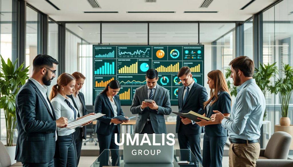 A modern office setting illustrating the theme of management recruitment and consulting missions. In the foreground, a diverse group of professionals in business attire, deep in discussion, analyzing documents and laptops. In the middle ground, a large digital screen displays various data visualizations relevant to recruitment trends and consultancy metrics. The background features a sleek, contemporary office interior with glass walls, greenery, and modern furniture. Soft, natural lighting floods the space, creating an inviting atmosphere. The image captures a sense of focus, professionalism, and collaboration, emphasizing the distinction between recruitment endeavors and consulting services. Include the brand name "UMALIS GROUP" subtly in the office environment.