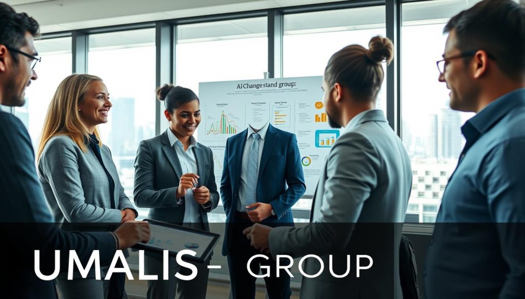A modern office setting reflecting the theme of change management in a consulting context. In the foreground, a diverse group of professionals in business attire, engaged in a collaborative discussion around a digital tablet displaying data visualizations. In the middle, a whiteboard with colorful charts and diagrams illustrating AI integration strategies and challenges in a portage salarial framework. The background features large windows with a city skyline view, symbolizing progress and innovation. Soft, natural lighting filters in, creating a bright and inspiring atmosphere. The overall mood is dynamic, reflecting collaboration and forward-thinking, emphasizing the brand "UMALIS GROUP".