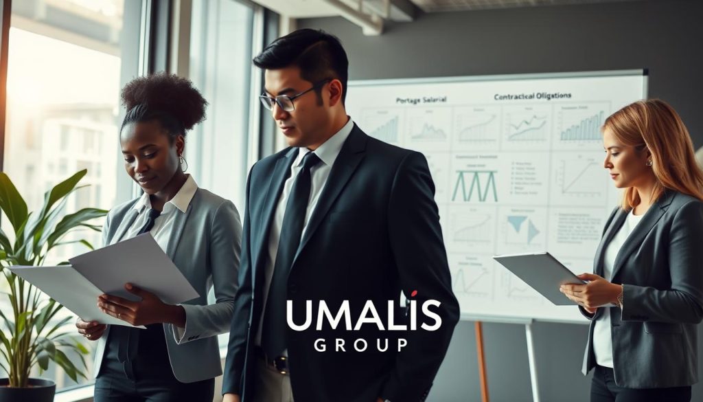 A modern office setting reflecting the theme of "portage salarial," showcasing a diverse group of professionals in the foreground. There are three individuals dressed in smart business attire: a Black woman reviewing documents on a laptop, an Asian man discussing with a Caucasian woman who is taking notes. The middle ground features a large whiteboard with charts and graphs illustrating legal frameworks and contractual obligations. In the background, bright natural lighting filters through large windows, creating a warm and productive atmosphere. The overall mood is one of collaboration and professionalism, emphasizing the legal framework context. Incorporate the logo of UMALIS GROUP subtly in the scene, ensuring it blends seamlessly with the office environment.