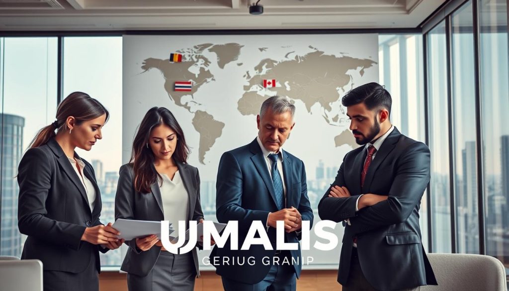A modern office setting representing international administrative management. In the foreground, a diverse group of three professionals—one female and two male—dressed in smart business attire, engaged in a collaborative discussion over documents and a laptop. The middle layer features a large world map on the wall, symbolizing global outreach, with flags representing various countries pinned on it. In the background, large windows allow natural light to flood the room, showcasing a city skyline. The atmosphere is focused and professional, conveying the importance of international tasks and seamless operations. Soft lighting highlights their concentrated expressions and the professionalism of the workspace. Include the brand name "UMALIS GROUP" subtly within the scene, ensuring it blends naturally into the office environment.