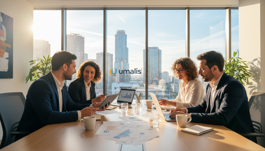 A modern office setting showcasing a "Umalis Group" meeting in progress. In the foreground, a diverse group of four professionals — two men and two women — dressed in smart business attire, are actively discussing documents and digital devices, embodying collaboration. The scene captures an engaging atmosphere, highlighting the importance of portage salarial companies. In the middle ground, a large conference table filled with charts, laptops, and coffee mugs overlays a backdrop of a sunny urban skyline through floor-to-ceiling windows. Natural light floods the room, creating a warm and inviting ambiance. The image should be framed with a slight angle to emphasize depth, showcasing both the participants and the spacious, modern interior of the office.