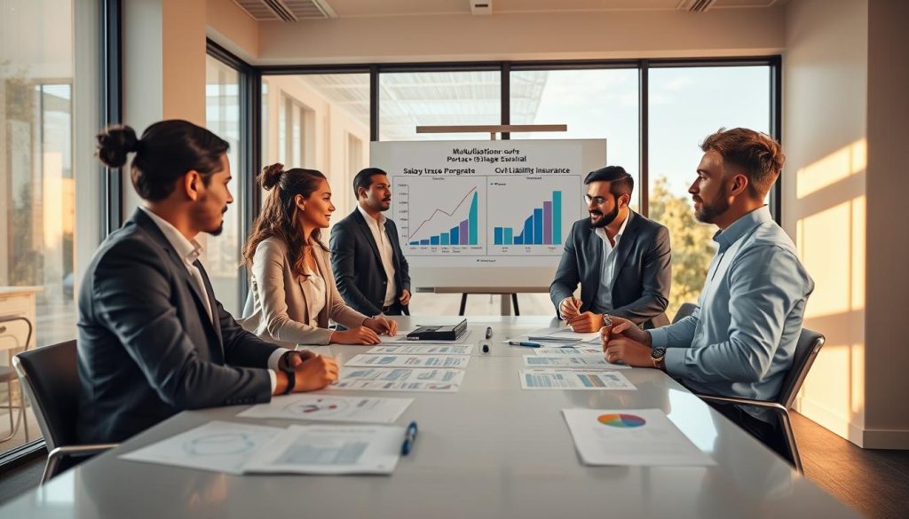 A modern office setting showcasing a collaborative environment focused on "mutualisation coûts portage salarial." In the foreground, a diverse group of three professionals (one woman and two men) in business attire are engaged in a discussion around a large conference table covered with charts and documents. The middle ground features a whiteboard displaying graphs related to salary portage and civil liability insurance. The background includes large windows allowing natural light to flood the room, casting warm reflections. The overall atmosphere is one of productivity and collaboration, with soft lighting to enhance a positive, professional mood. The scene should inspire a sense of teamwork and innovation within the independent work structure. No text, logos, or watermarks in the image. A modern office setting showcasing a collaborative environment focused on "mutualisation coûts portage salarial." In the foreground, a diverse group of three professionals (one woman and two men) in business attire are engaged in a discussion around a large conference table covered with charts and documents. The middle ground features a whiteboard displaying graphs related to salary portage and civil liability insurance. The background includes large windows allowing natural light to flood the room, casting warm reflections. The overall atmosphere is one of productivity and collaboration, with soft lighting to enhance a positive, professional mood. The scene should inspire a sense of teamwork and innovation within the independent work structure. No text, logos, or watermarks in the image.