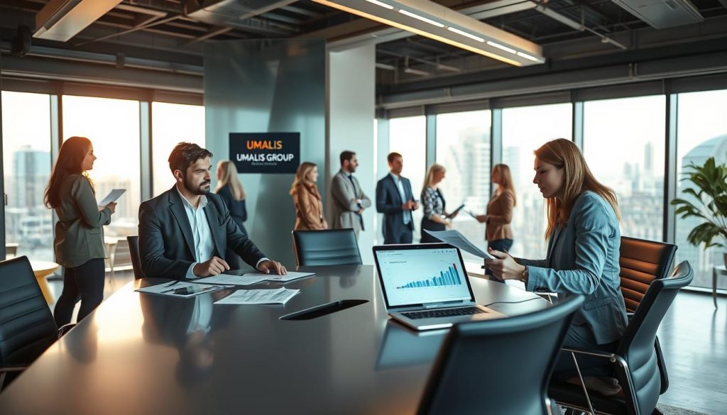 A modern office setting showcasing a diverse group of professionals engaged in a collaborative discussion. In the foreground, a man and a woman in professional business attire are analyzing documents at a sleek conference table, with a laptop open displaying graphs and data. In the middle ground, another group of individuals is conversing, exuding a dynamic atmosphere of innovation and teamwork. The background features large windows with city views, bathed in soft natural light, creating a warm and inviting mood. It should also include subtle branding elements of "UMALIS GROUP" integrated into the office decor. The overall composition should convey a sense of professionalism and the hybrid nature of freelance work, emphasizing collaboration and flexibility in the workplace.