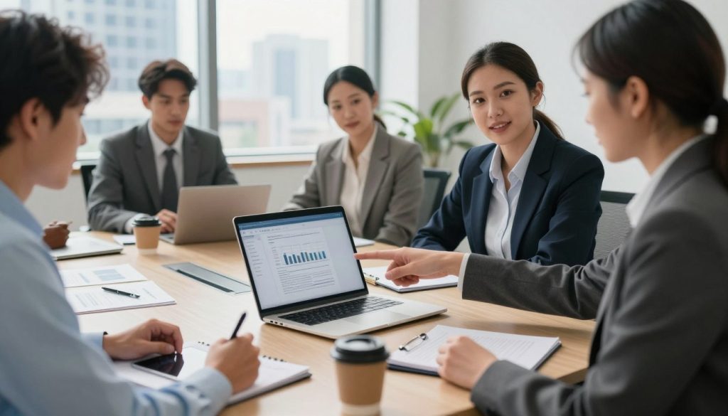 A modern office setting showcasing a diverse group of professionals engaged in a discussion about business solutions. In the foreground, a confident woman in business attire is pointing at a laptop screen, displaying financial documents and contract templates. Beside her, a focused man, also dressed professionally, is taking notes on a tablet. In the middle, a round conference table is covered with documents, pens, and coffee cups, indicating a productive meeting. In the background, soft natural lighting streams through large windows, illuminating a sleek city skyline. The atmosphere is collaborative and professional, conveying a sense of purpose and determination in the journey of choosing the right salaried portage company. The angle is slightly elevated to capture the entire scene while maintaining focus on the foreground discussion.