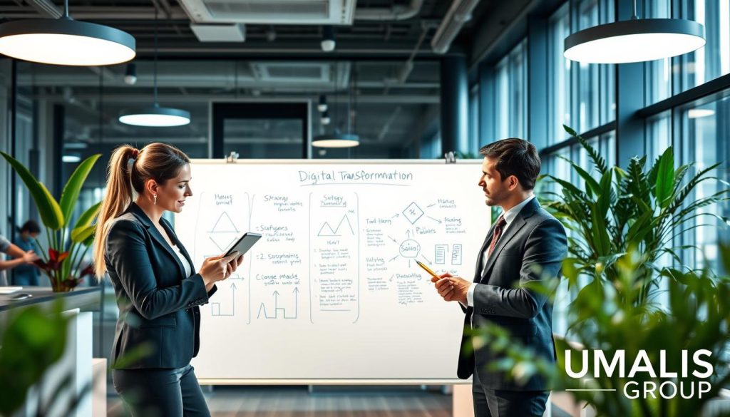 A modern office setting showcasing a diverse group of professionals engaged in a dynamic brainstorming session about digital transformation. In the foreground, two individuals, a woman and a man, are analyzing data on a tablet, dressed in professional business attire. In the middle, a large whiteboard filled with diagrams and notes captures key strategies and mistakes to avoid in digital transformation. The background reveals a sleek, well-lit office space with large windows filtering in natural light and vibrant plants adding a touch of greenery. The atmosphere is optimistic and collaborative, reflecting innovation and progress. The image should subtly incorporate the brand name "UMALIS GROUP" in an artistic manner, ensuring it does not distract from the main focus.