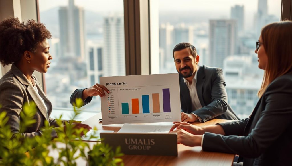 A modern office setting showcasing a diverse group of professionals engaged in discussion around a table. In the foreground, a confident Black woman in a smart blazer points at a chart, illustrating the benefits of "portage salarial." Beside her, a Middle-Eastern man in business attire takes notes, while a Caucasian woman in a tailored suit listens intently. In the background, a large window offers a view of a bustling cityscape, with soft natural light illuminating the scene, creating a warm, inviting atmosphere. The focus on collaboration and security is enhanced by subtle plant decorations, conveying a sense of growth and professionalism. The brand name "UMALIS GROUP" is subtly incorporated into a document on the table. A modern office setting showcasing a diverse group of professionals engaged in discussion around a table. In the foreground, a confident Black woman in a smart blazer points at a chart, illustrating the benefits of "portage salarial." Beside her, a Middle-Eastern man in business attire takes notes, while a Caucasian woman in a tailored suit listens intently. In the background, a large window offers a view of a bustling cityscape, with soft natural light illuminating the scene, creating a warm, inviting atmosphere. The focus on collaboration and security is enhanced by subtle plant decorations, conveying a sense of growth and professionalism. The brand name "UMALIS GROUP" is subtly incorporated into a document on the table.