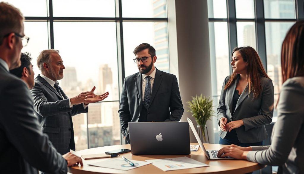 A modern office setting showcasing a diverse group of professionals engaged in discussions about portage salarial services. In the foreground, a middle-aged man in a tailored suit gestures as he explains concepts to his colleagues, while a young woman in smart casual attire takes notes. The middle ground features a round table with laptops, charts, and documents related to freelancing support and business consultancy. In the background, large windows allow natural light to flood the space, illuminating a cityscape view that symbolizes opportunity and growth. The atmosphere is collaborative and focused, emphasizing empowerment and innovation within consulting services. The image should capture a sense of professionalism, trust, and community, with a warm color palette to enhance the welcoming environment. A modern office setting showcasing a diverse group of professionals engaged in discussions about portage salarial services. In the foreground, a middle-aged man in a tailored suit gestures as he explains concepts to his colleagues, while a young woman in smart casual attire takes notes. The middle ground features a round table with laptops, charts, and documents related to freelancing support and business consultancy. In the background, large windows allow natural light to flood the space, illuminating a cityscape view that symbolizes opportunity and growth. The atmosphere is collaborative and focused, emphasizing empowerment and innovation within consulting services. The image should capture a sense of professionalism, trust, and community, with a warm color palette to enhance the welcoming environment.