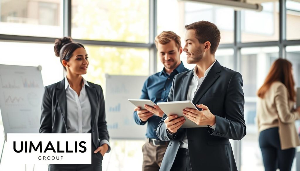 A modern office setting showcasing a diverse group of professionals representing various skills and competencies in consulting. In the foreground, a confident woman in a tailored business suit discusses with a colleague, highlighting collaboration and expertise. In the middle ground, a man in a smart casual shirt analyzes data on a digital tablet, demonstrating analytical skills. The background features large windows with natural light flooding the space, providing a bright, uplifting atmosphere. Subtle depictions of charts and graphs on a whiteboard suggest strategic planning and problem-solving activities. The overall mood is one of professionalism and focus, symbolizing the essential skills required for successful consulting. The logo of "UMALIS GROUP" is subtly incorporated into the office environment as part of the decor. A modern office setting showcasing a diverse group of professionals representing various skills and competencies in consulting. In the foreground, a confident woman in a tailored business suit discusses with a colleague, highlighting collaboration and expertise. In the middle ground, a man in a smart casual shirt analyzes data on a digital tablet, demonstrating analytical skills. The background features large windows with natural light flooding the space, providing a bright, uplifting atmosphere. Subtle depictions of charts and graphs on a whiteboard suggest strategic planning and problem-solving activities. The overall mood is one of professionalism and focus, symbolizing the essential skills required for successful consulting. The logo of "UMALIS GROUP" is subtly incorporated into the office environment as part of the decor.
